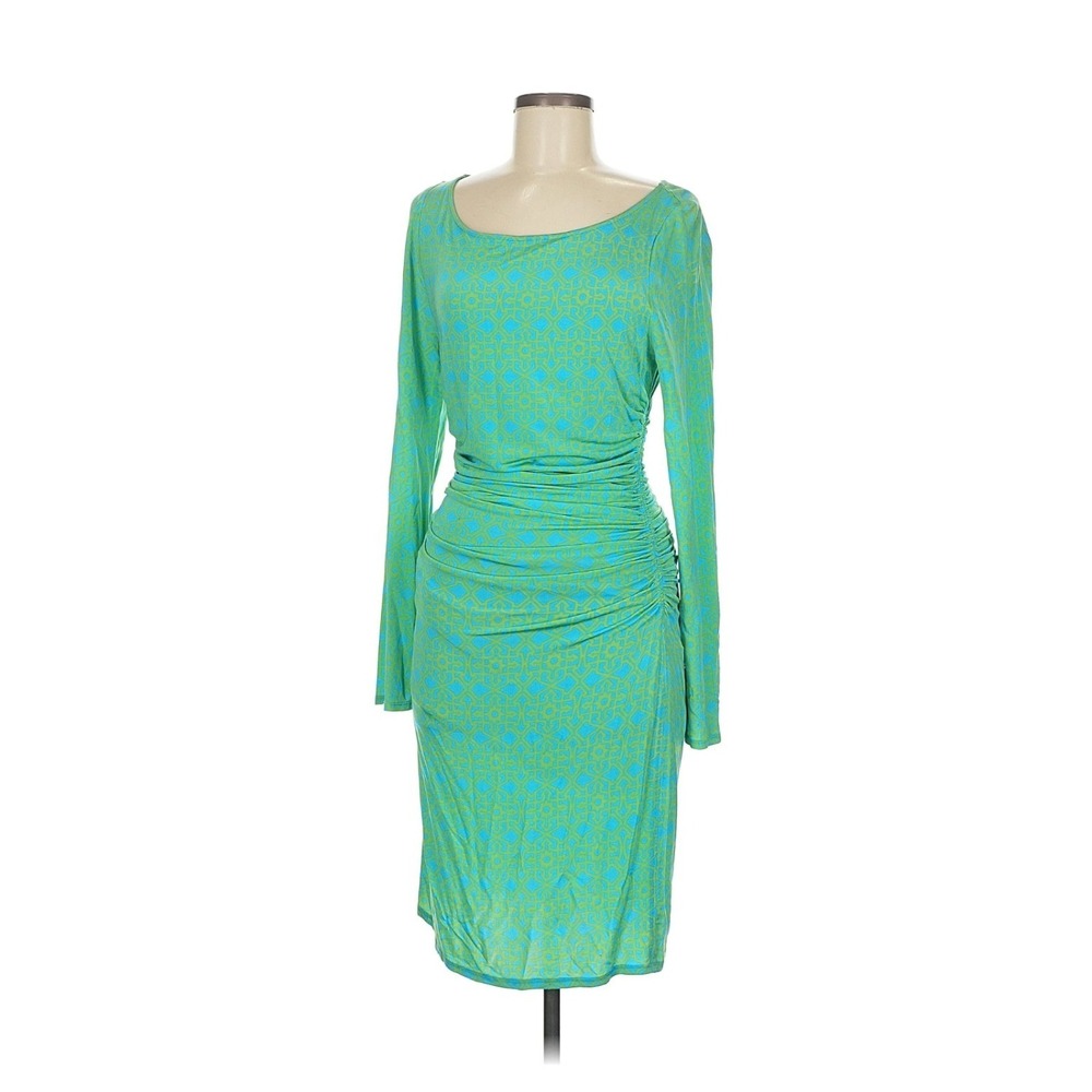 Tracy Reese Green Blue Geometric Ruched Long Sleeve Sheath‎ Dress Size M